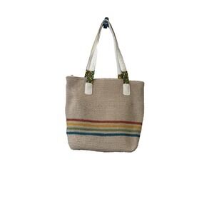 Jaclyn Smith Crochet‎ Shoulder Bag Pre Owned Stripe White Strap Beige 15x12